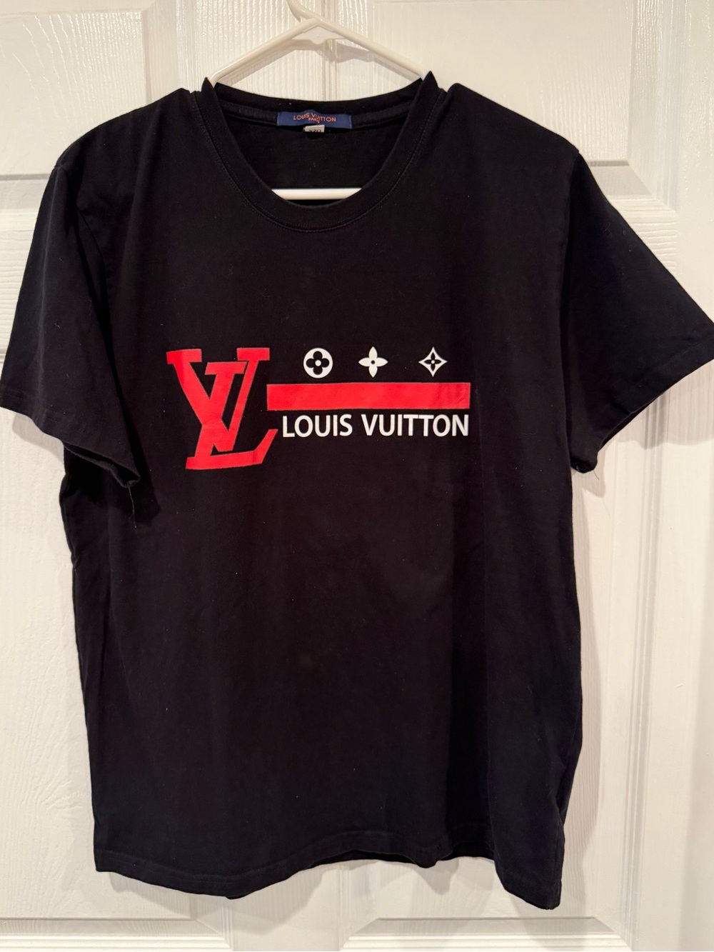 Louis Vuitton Black Tee with Red LV Logo and White Text